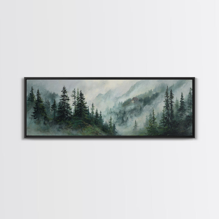 Misty Pine Mountain Temple Wall Art, Foggy Evergreen Forest Landscape, Japandi Nature Decor, Long Horizontal Canvas Print