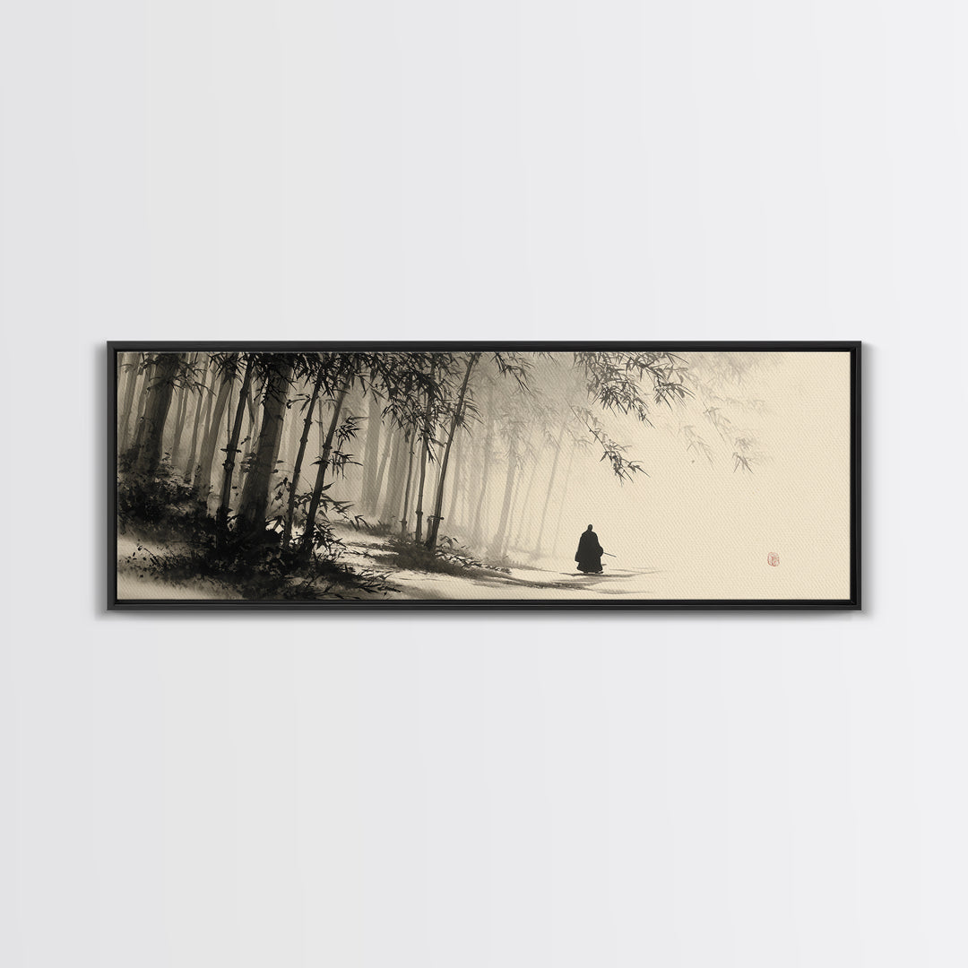 Misty Bamboo Forest Monk In Ink Wash Framed Canvas Print, Japanese Wall Art, Zen Meditation Decor, Japandi Home Decor, Calming Wall Decor
