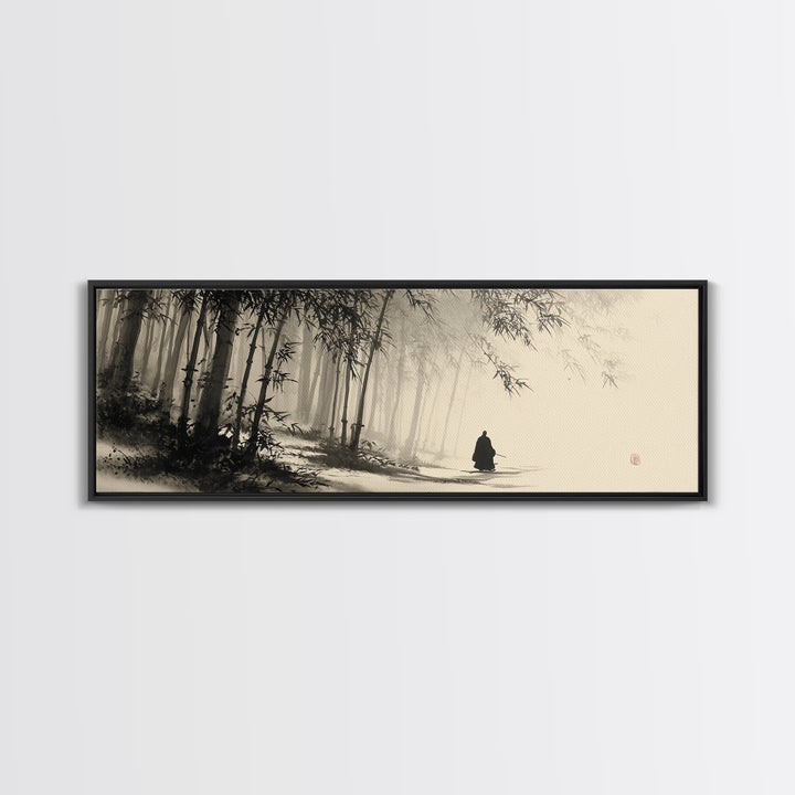 Misty Bamboo Forest Monk In Ink Wash Framed Canvas Print, Japanese Wall Art, Zen Meditation Decor, Japandi Home Decor, Calming Wall Decor