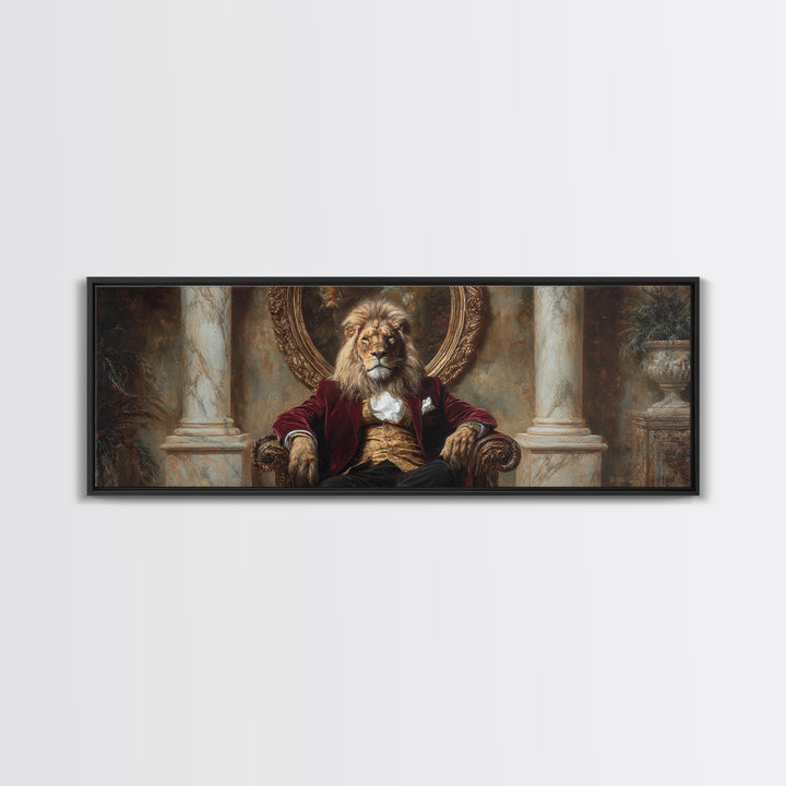 Velvet Throne Lion King Framed Canvas Print, Royal Animal Portrait, Bold Baroque Wall Decor, Luxury Office Art, Gift For Him
