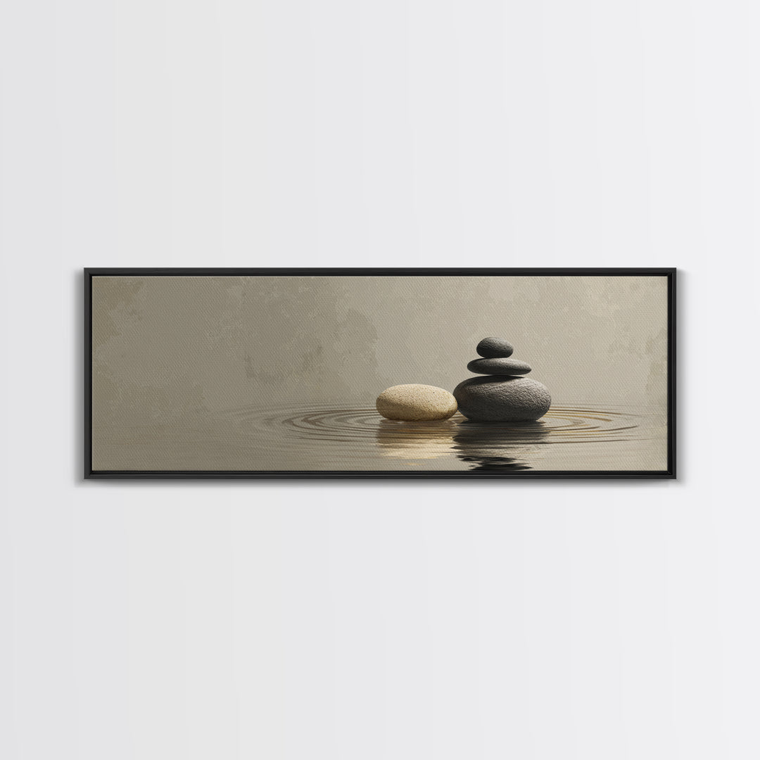Zen Stacked Stones Framed Canvas Print, Neutral Water Reflection, Minimalist Spa Wall Art, Calm Japandi Meditation Room Home Decor