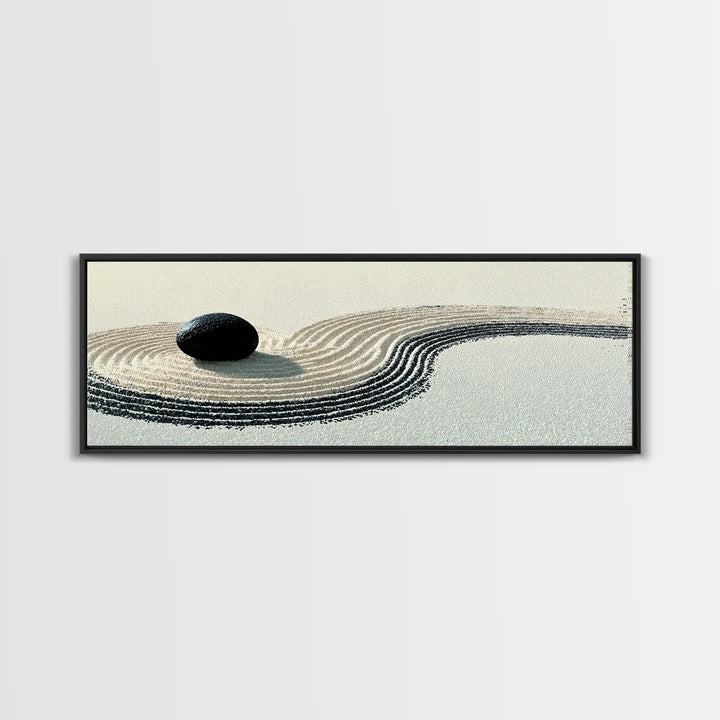 Black Stone Zen Garden Wall Art, Minimalist Sand Ripple Canvas Print, Japandi Spa Decor, Neutral Meditation Room Poster Print