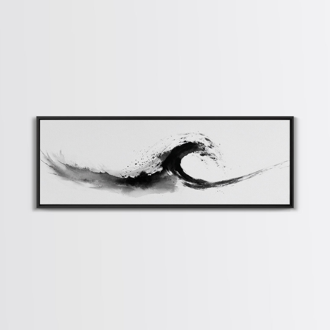 Black Ink Wave Minimalist Seascape Wall Art, Japanese Sumi Ocean Print, Coastal Zen Decor, Modern Black And White Art, Long Horizontal Art