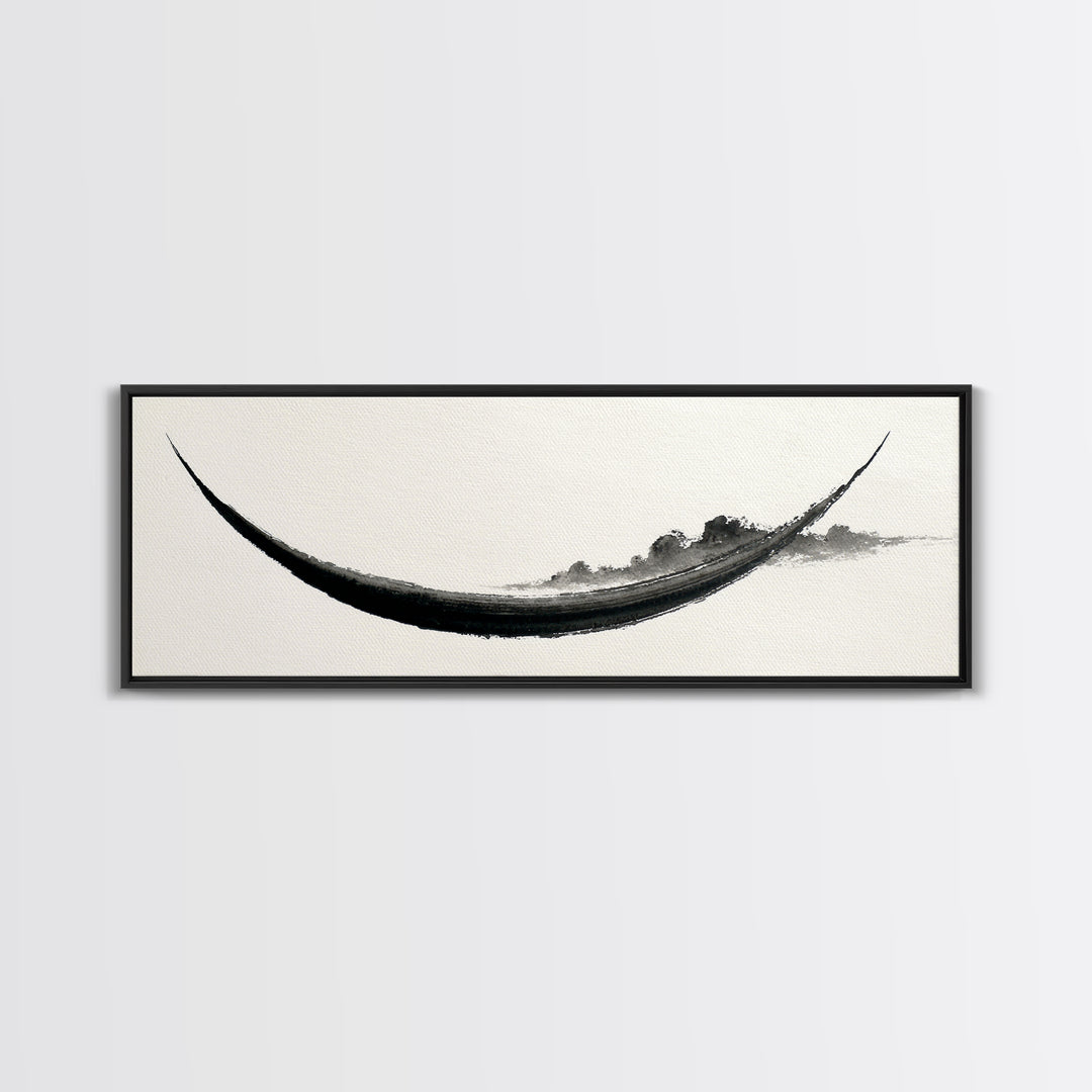 Minimal Black Ink Boat Wall Art, Japanese Zen Canvas Print, Monochrome Abstract, Wabi Sabi Decor, Long Horizontal Art Print