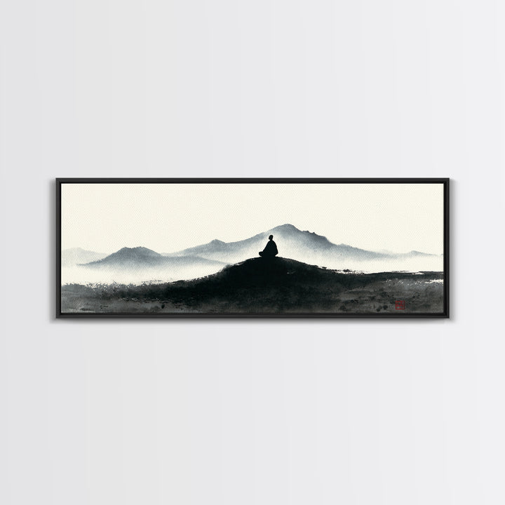 Minimalist Monk Mountain Wall Art, Japanese Ink Wash Landscape, Zen Meditation Decor, Black And White Framed Canvas Print