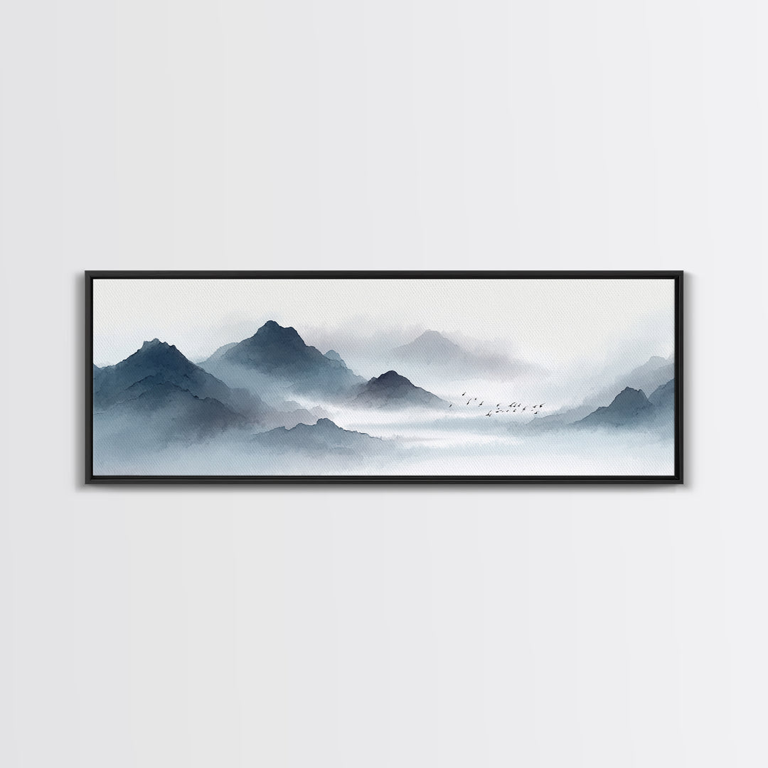 Misty Ink Mountain Landscape Canvas Print, Minimalist Japanese Wall Art, Black And White Zen Decor, Calming Office Art Print