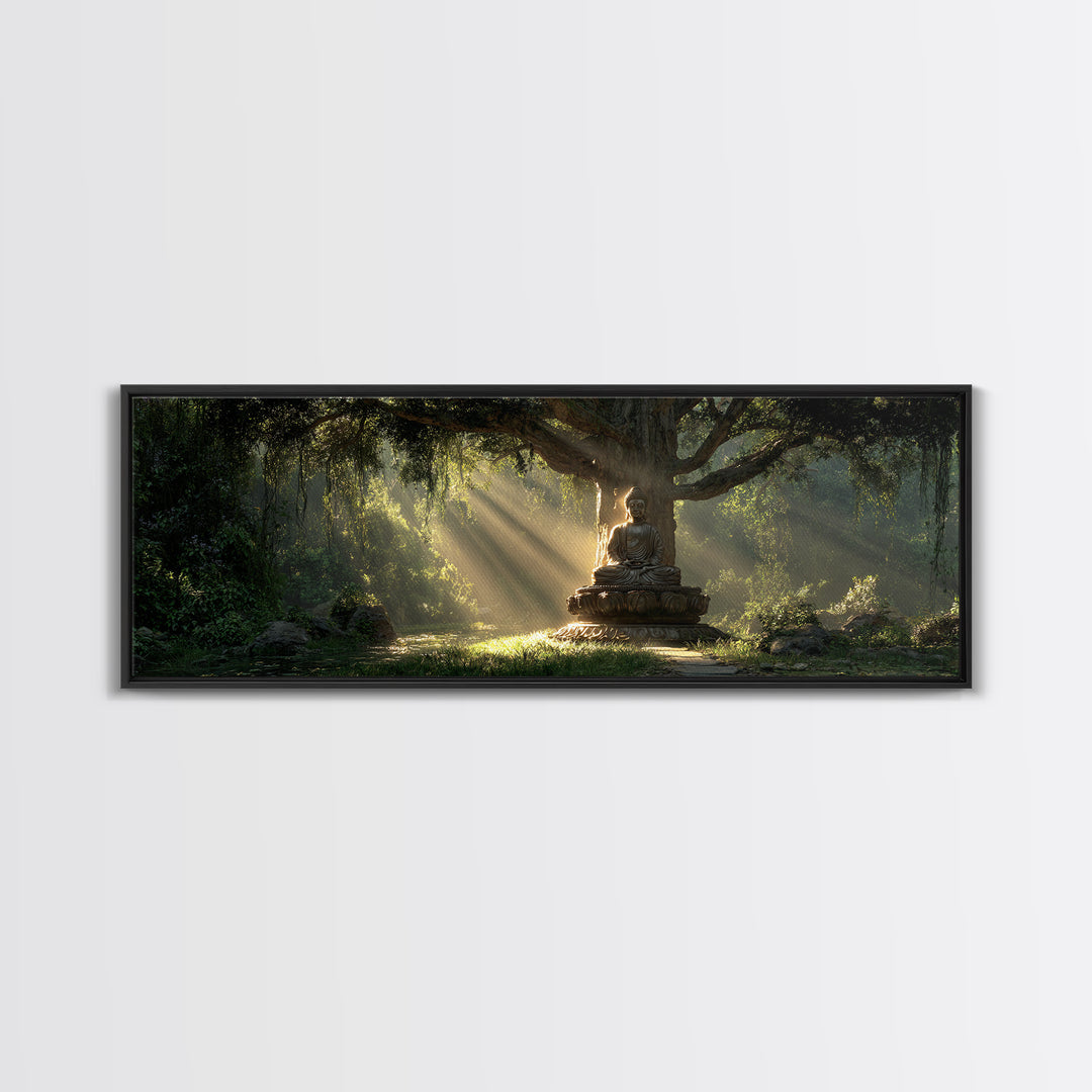 Buddha Statue In Sunlit Forest Wall Art, Zen Meditation Canvas Print, Spiritual Home Decor, Calming Nature Artwork Gift Idea