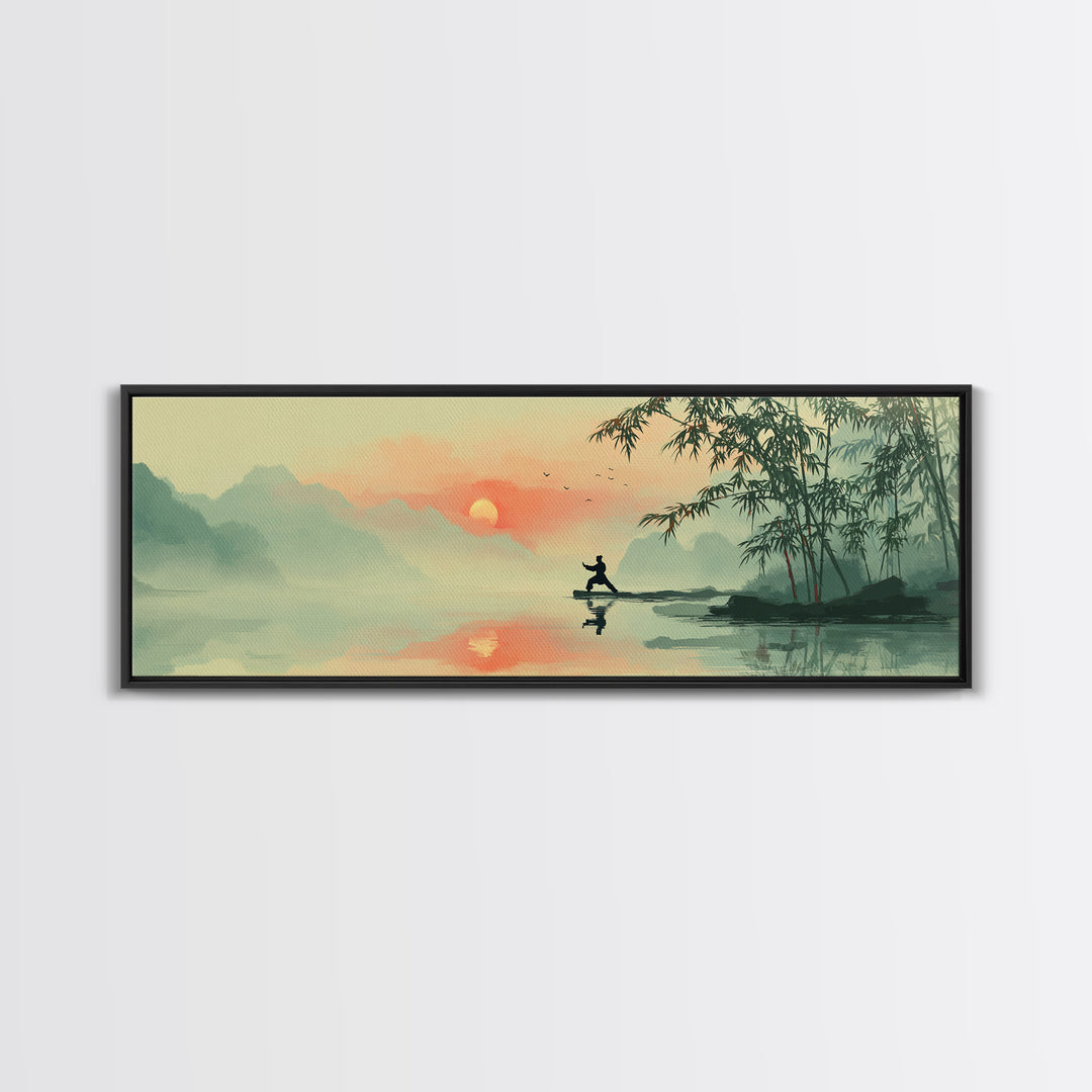 Misty Asian Lake Fisherman Wall Art, Zen Sunrise Landscape Canvas Print, Japanese Bamboo Decor, Peaceful Meditation Room Art