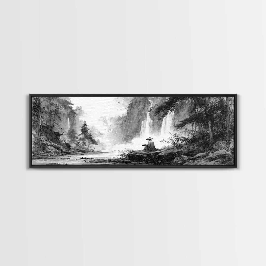 Black And White Waterfall Monk Wall Art, Japanese Landscape Print, Zen Meditation Decor, Nature Art For Office Or Living Room