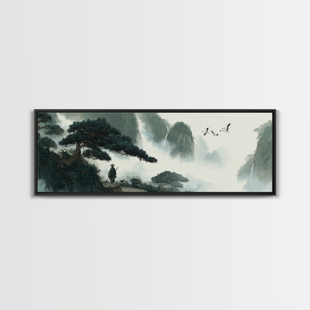 Misty Mountain Pine Landscape Wall Art, Japanese Ink Style Canvas, Zen Nature Print, Panoramic Living Room Decor, Calming Office Decor