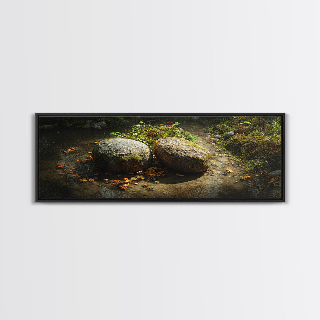 Mossy Stream Stones Nature Wall Art, Framed Canvas Print, Zen Spa Decor, Calming Landscape Art For Living Room And Office