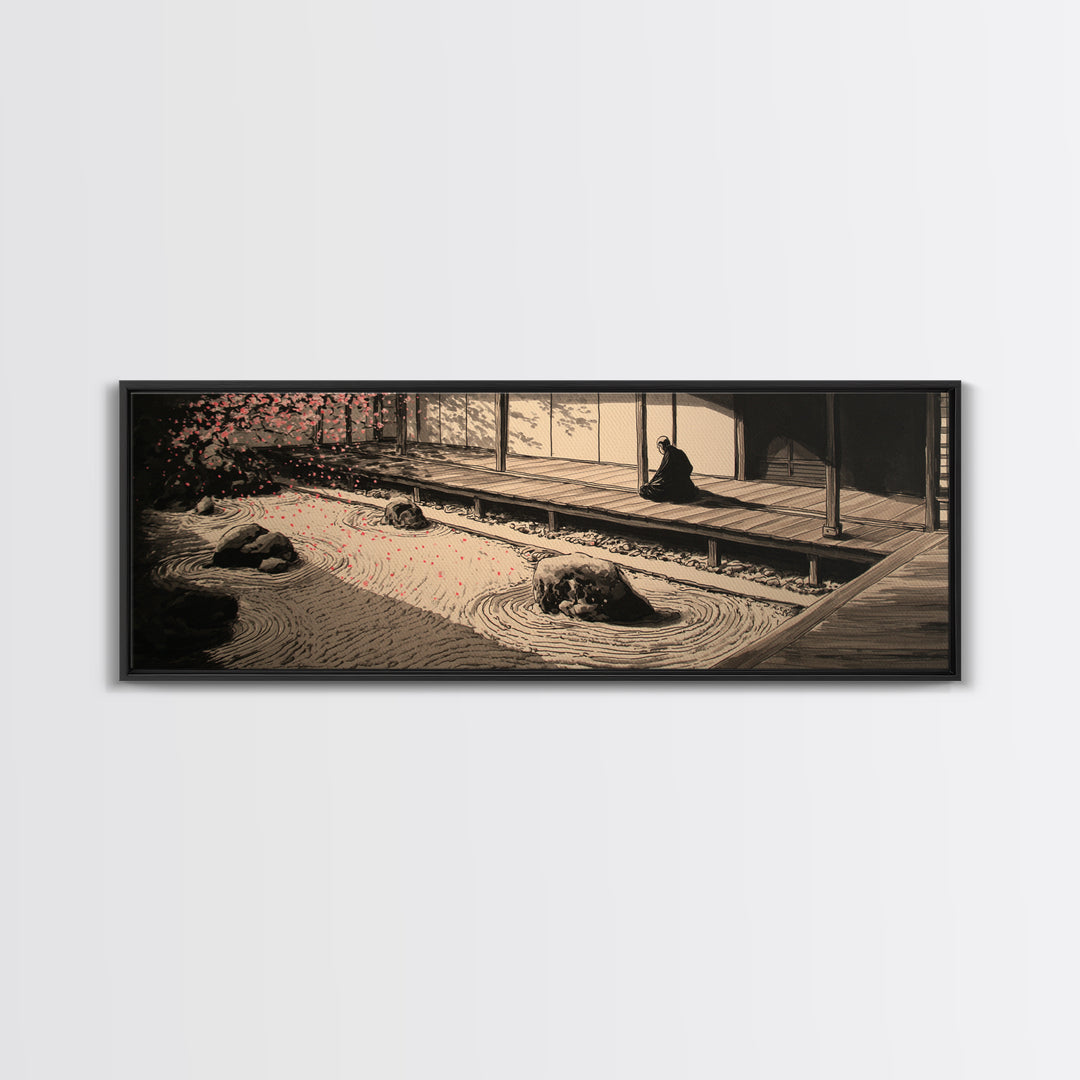 Japanese Zen Garden With Monk Canvas Print, Minimalist Sand Rake Wall Art, Japandi Meditation Decor For Tea Room And Home Decor