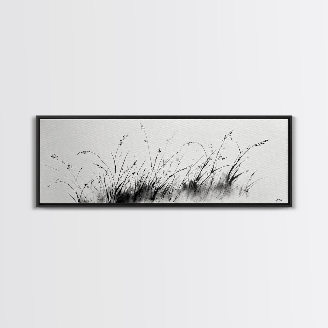 Minimalist Grass Ink Wall Art, Black And White Botanical Canvas Print, Japandi Decor, Neutral Wall Decor, Above Bed Art Print