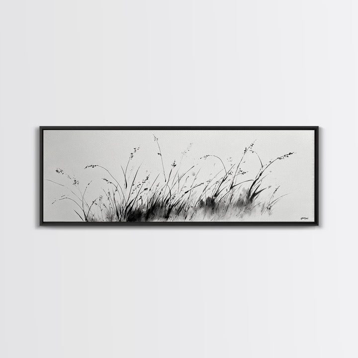 Minimalist Grass Ink Wall Art, Black And White Botanical Canvas Print, Japandi Decor, Neutral Wall Decor, Above Bed Art Print