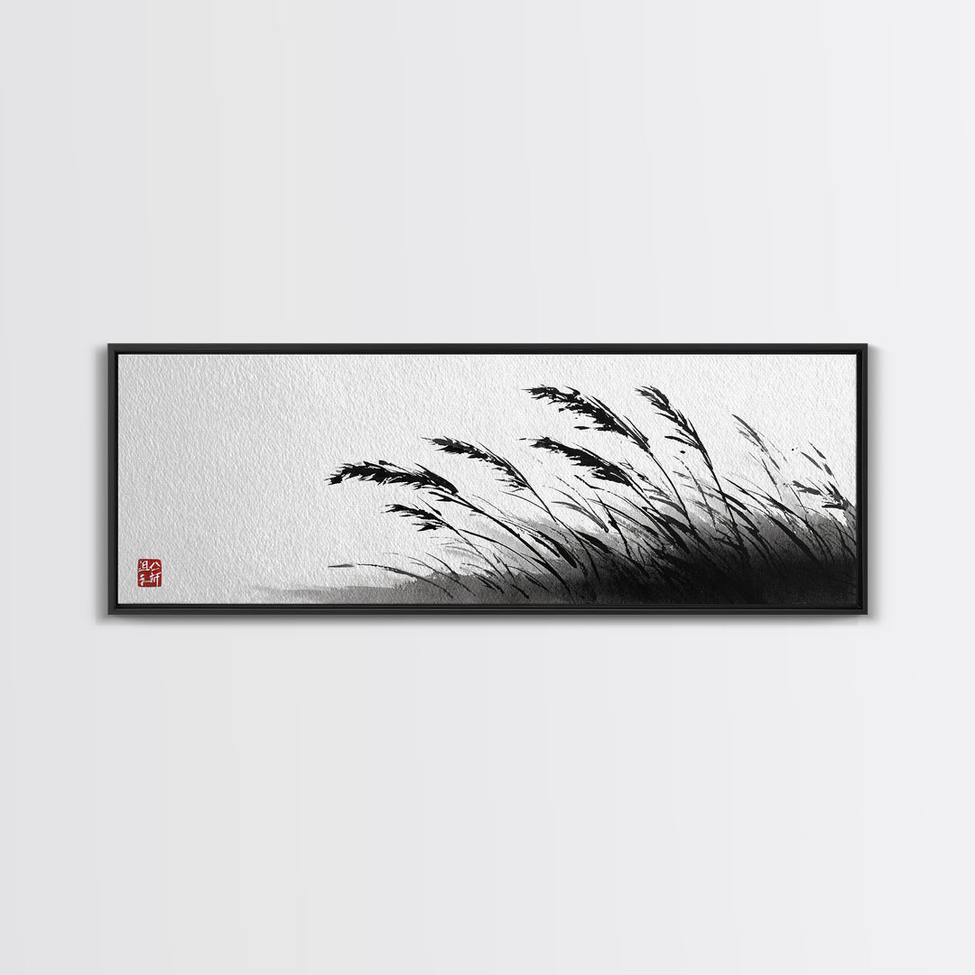 Minimal Ink Grass Reeds Canvas Print, Black And White Japandi Nature Wall Art For Calm Bedroom Decor And Zen Home Decor Print
