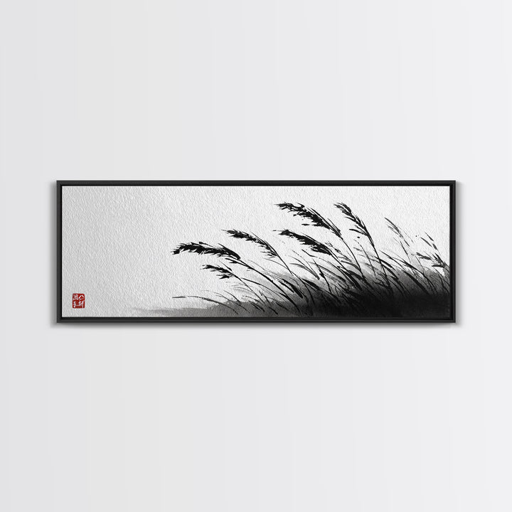 Minimal Ink Grass Reeds Canvas Print, Black And White Japandi Nature Wall Art For Calm Bedroom Decor And Zen Home Decor Print
