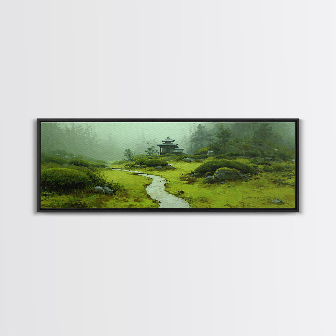 Misty Japanese Garden Path Wall Art, Pagoda Landscape Canvas Print, Zen Home Decor, Japandi Wall Decor, Calming Wall Art