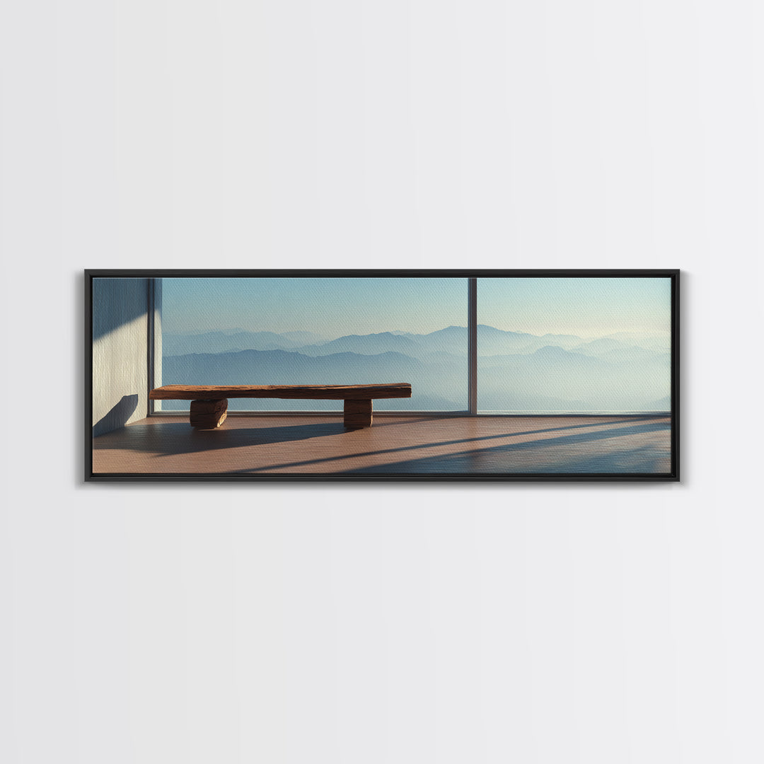 Minimal Mountain View Zen Bench Framed Canvas Print, Japandi Wall Art, Neutral Home Decor, Calming Office Decor, Living Room Decor