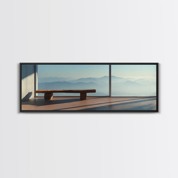 Minimal Mountain View Zen Bench Framed Canvas Print, Japandi Wall Art, Neutral Home Decor, Calming Office Decor, Living Room Decor