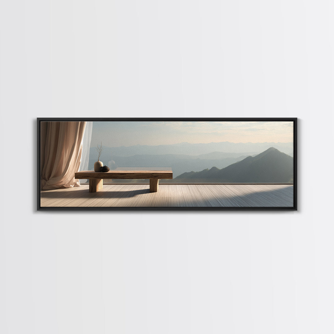 Minimalist Zen Bench Mountain View Wall Art, Japandi Interior Canvas Print, Neutral Bedroom Decor, Calming Home Gift For Her