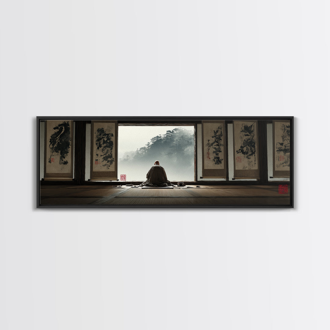 Zen Monk Viewing Misty Mountains Wall Art, Japanese Ink Framed Canvas Print, Meditation Room Decor, Japandi Home Decor, Zen Decor
