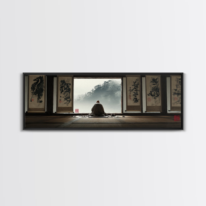 Zen Monk Viewing Misty Mountains Wall Art, Japanese Ink Framed Canvas Print, Meditation Room Decor, Japandi Home Decor, Zen Decor