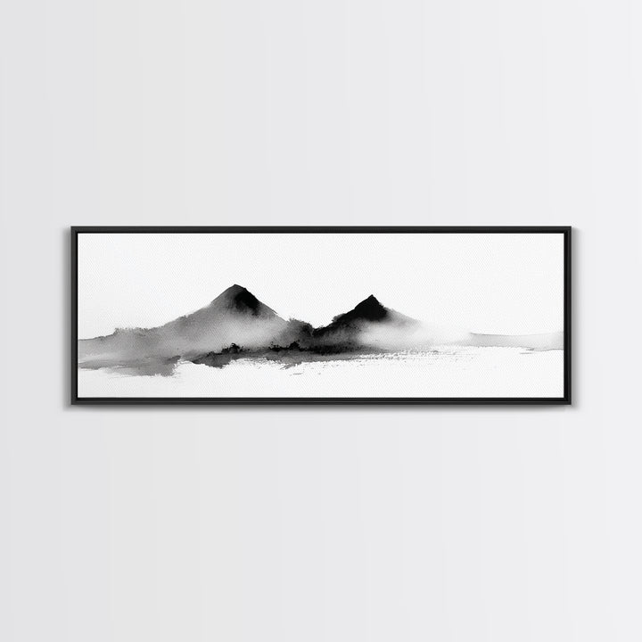 Minimal Black Ink Mountain Wall Art, Japanese Landscape Canvas Print, Wabi Sabi Zen Decor, Neutral Abstract Office Print Home Decor