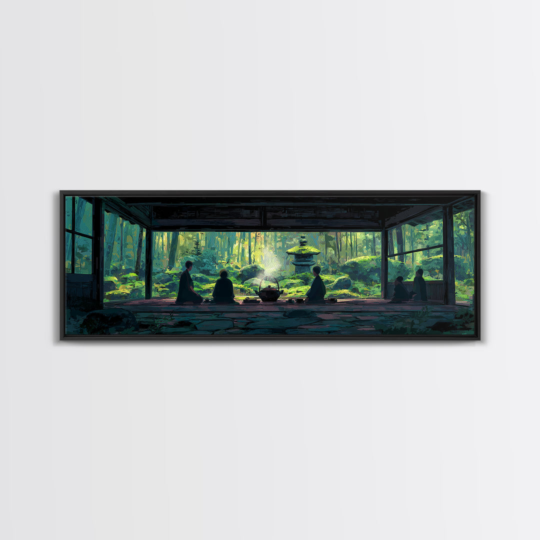 Serene Zen Tea Room With Forest Garden Canvas Print, Japanese Wall Art, Meditation Room Decor, Japandi Nature Landscape Art