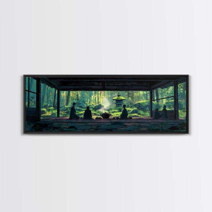 Serene Zen Tea Room With Forest Garden Canvas Print, Japanese Wall Art, Meditation Room Decor, Japandi Nature Landscape Art