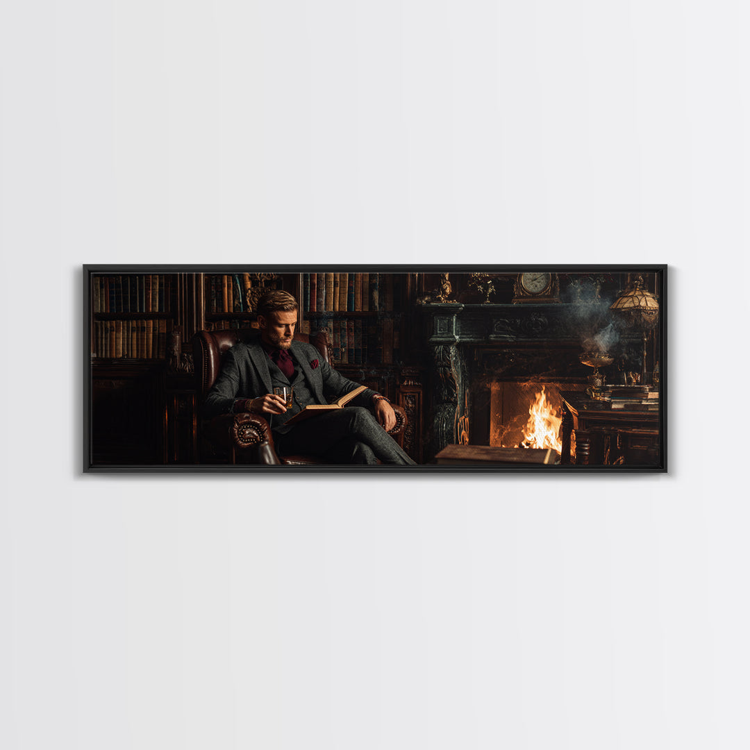 Gentleman Reading By Fireplace Wall Art, Dark Academia Library Canvas Print, Cozy Office Decor, Book Lover Housewarming Gift