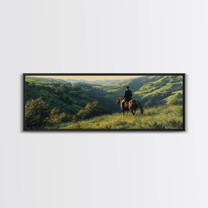 Horse Rider Over Green Valley Wall Art, Panoramic Landscape Canvas Print, Western Country Home Decor, Equestrian Gift For Him