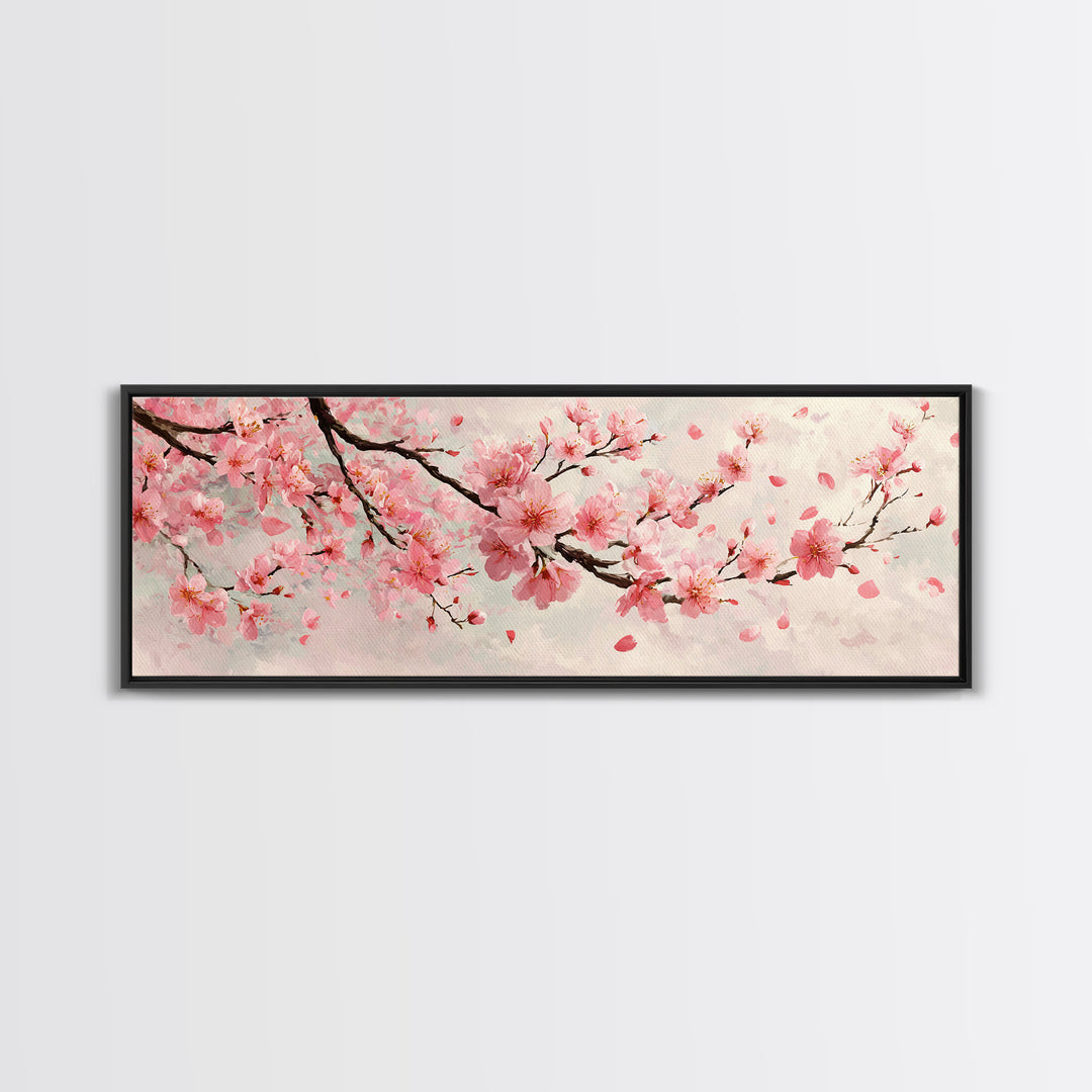 Pink Cherry Blossom Branch Wall Art, Japanese Floral Canvas Print, Spring Botanical Decor, Feminine Bedroom Artwork Gift