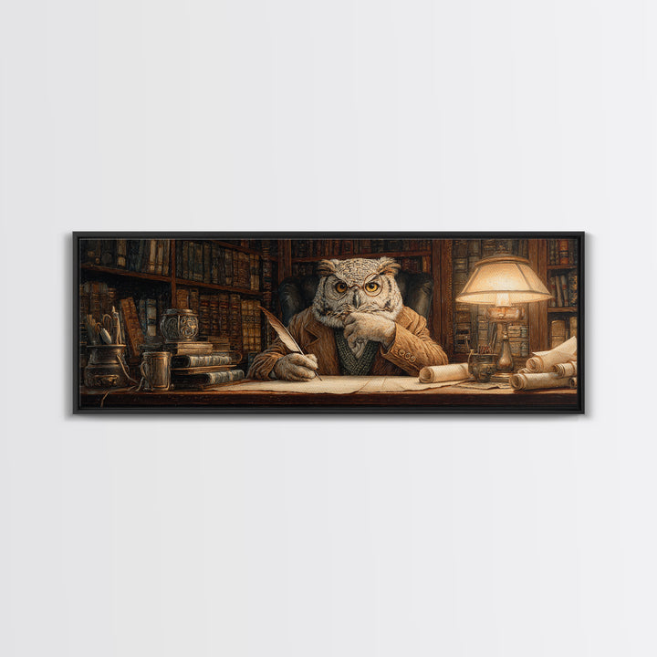 Wise Owl Librarian At Antique Desk Wall Art, Dark Academia Library Decor, Whimsical Animal Art Print For Book Lovers Gift