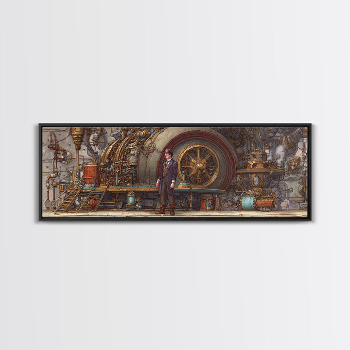 Victorian Engineer Before Giant Machine Canvas Print, Steampunk Industrial Wall Art, Mechanical Office Decor, Gift For Him