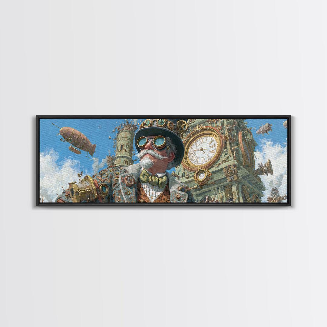 Steampunk Gentleman With Goggles And Clock Tower Wall Art, Victorian Airship Canvas, Industrial Office Decor For Living Room