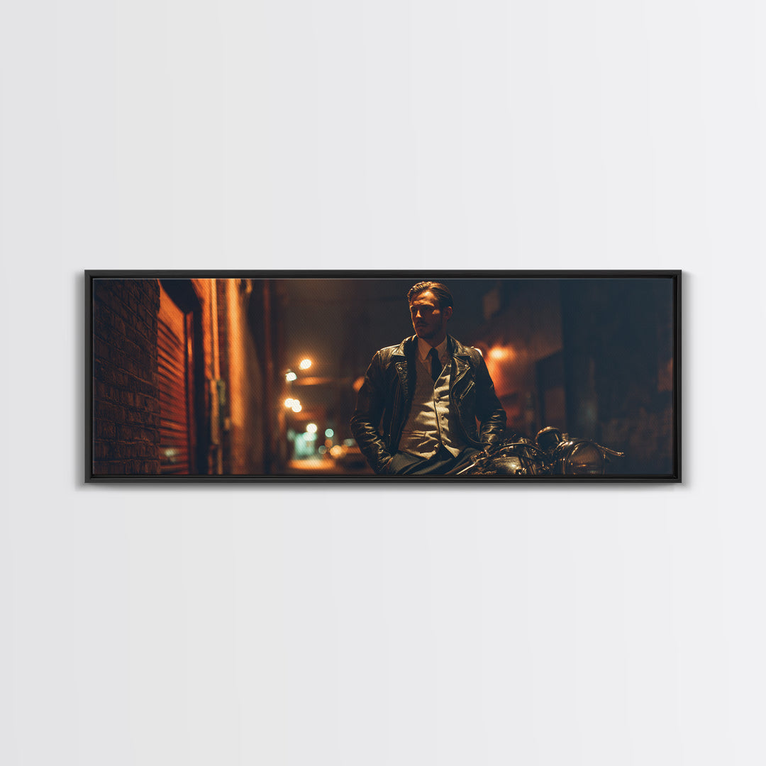 Noir Biker In Shadowed Alley Wall Art, Cinematic Motorcycle Canvas Print, Masculine Man Cave Decor Gift For Him, Urban Office Decor
