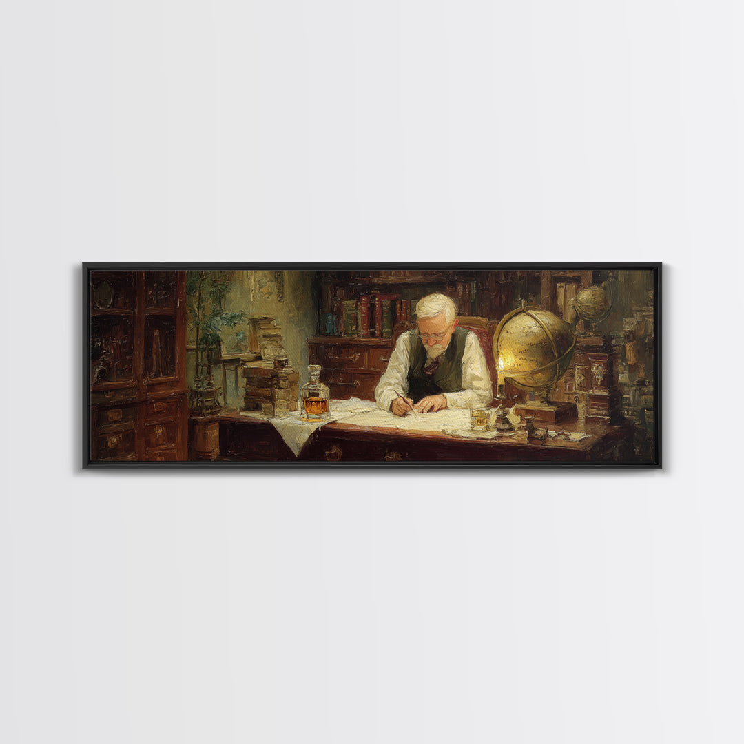 Elderly Scholar Writing Maps In Library Wall Art, Antique Globe Canvas Print, Dark Academia Office Decor Gift For Book Lovers