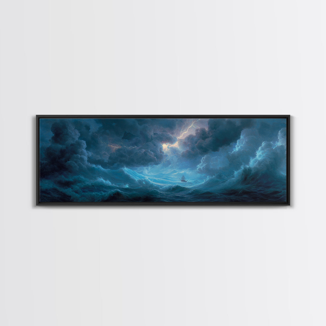 Stormy Ocean Ship Seascape Wall Art, Dramatic Nautical Canvas Print, Blue Coastal Living Room Decor, Moody Sea Gift For Him