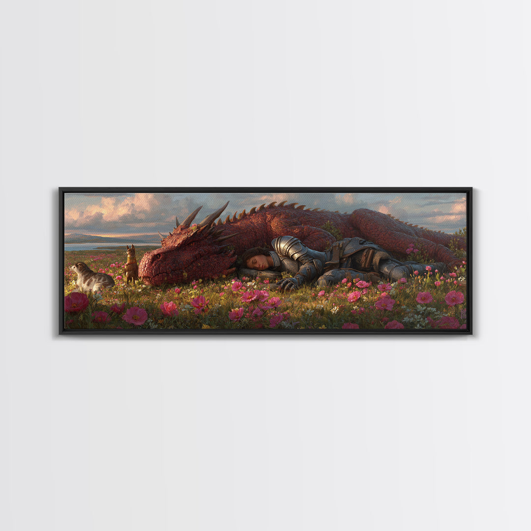 Sleeping Knight With Red Dragon In Flower Meadow Wall Art, Whimsical Fantasy Canvas Print, Nursery Decor Gift For Her And Kids