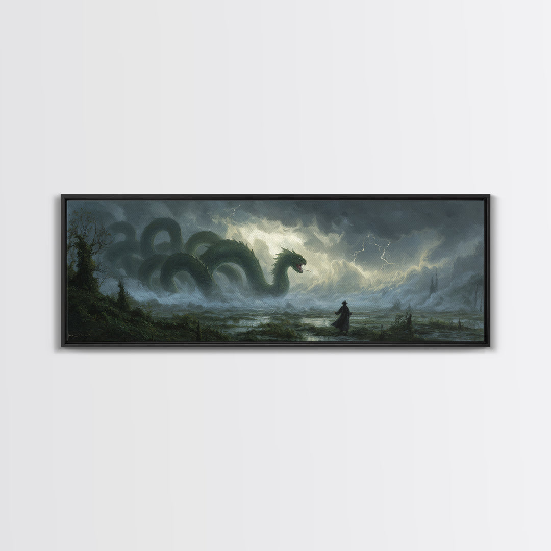 Storm Hydra Rising From Misty Swamp Wall Art, Dark Fantasy Canvas Print, Mythical Monster Home Decor, Gothic Gift For Him