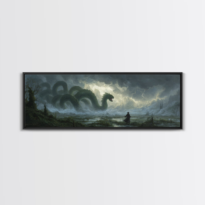 Storm Hydra Rising From Misty Swamp Wall Art, Dark Fantasy Canvas Print, Mythical Monster Home Decor, Gothic Gift For Him