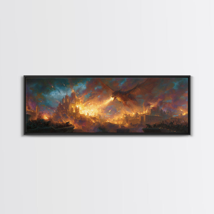 Fire Breathing Dragon Over Burning City Wall Art, Epic Fantasy Canvas Print, Medieval Castle Home Decor, Gamer Gift For Him