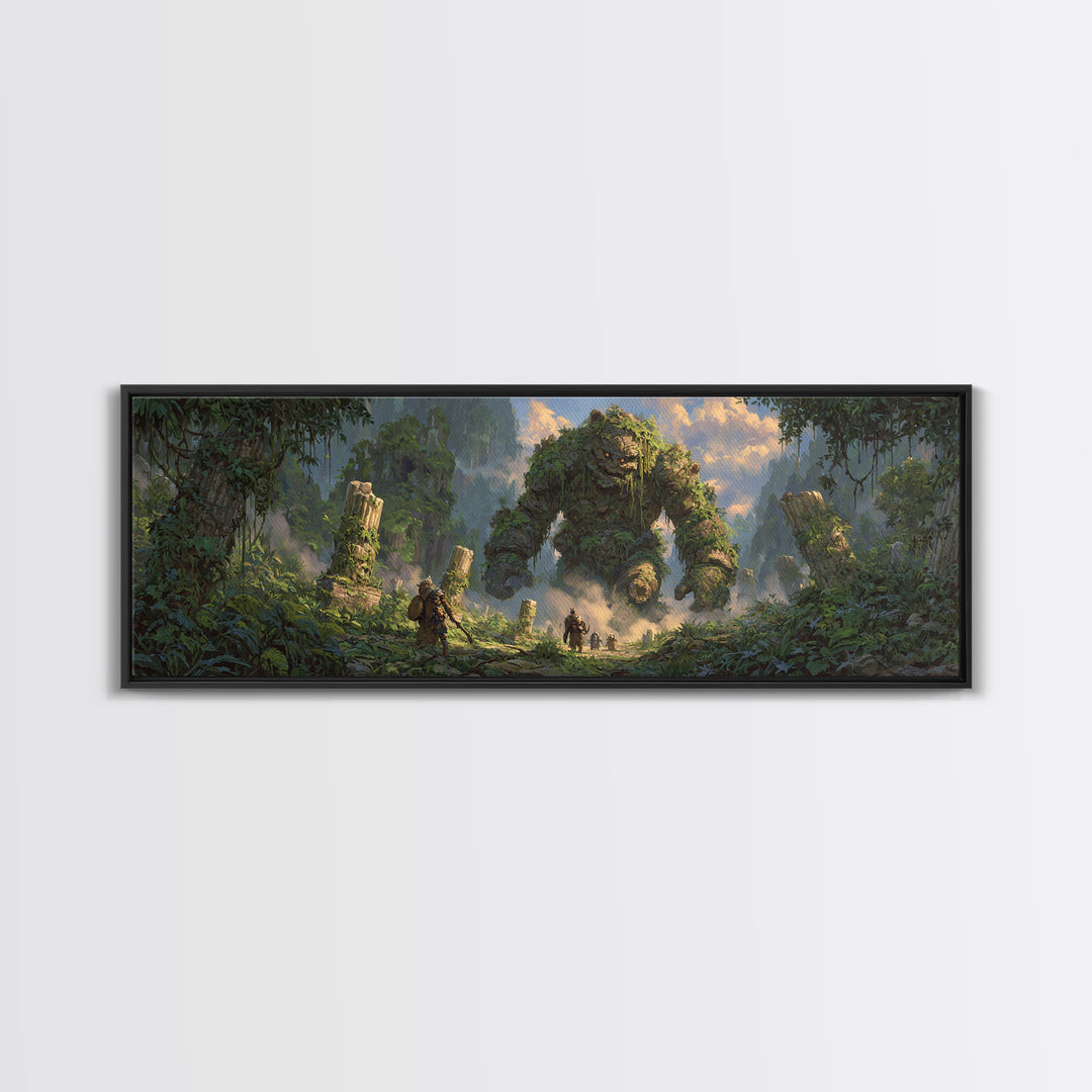 Ancient Jungle Golem Ruins With Adventurers Canvas Print, Fantasy Wall Decor, Large Landscape Art, Mythical Home Decor Gift