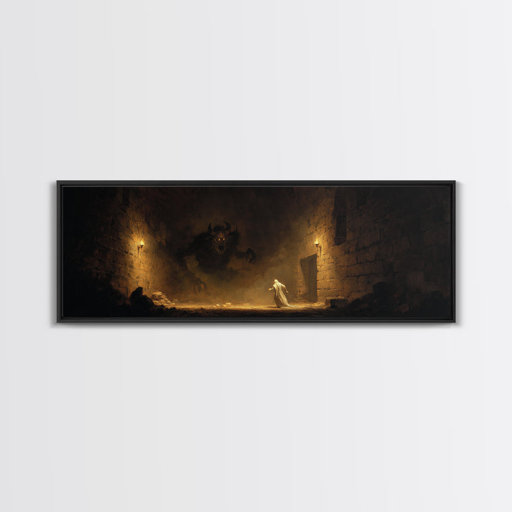 Torchlit Dungeon Minotaur Encounter Framed Canvas Print, Dark Fantasy Wall Art, Gothic Decor, Fantasy Gift For Him, Moody Wall Decor