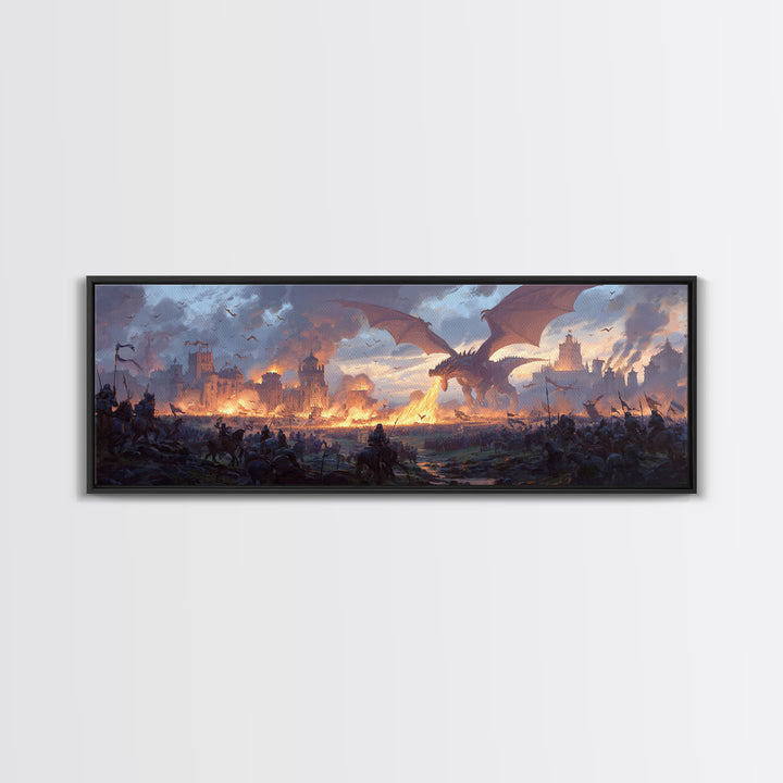 Epic Dragon Siege Over Burning Kingdom Framed Canvas Print, Fantasy Wall Art, Medieval Battle Decor, Game Room Art, Large Wall Decor