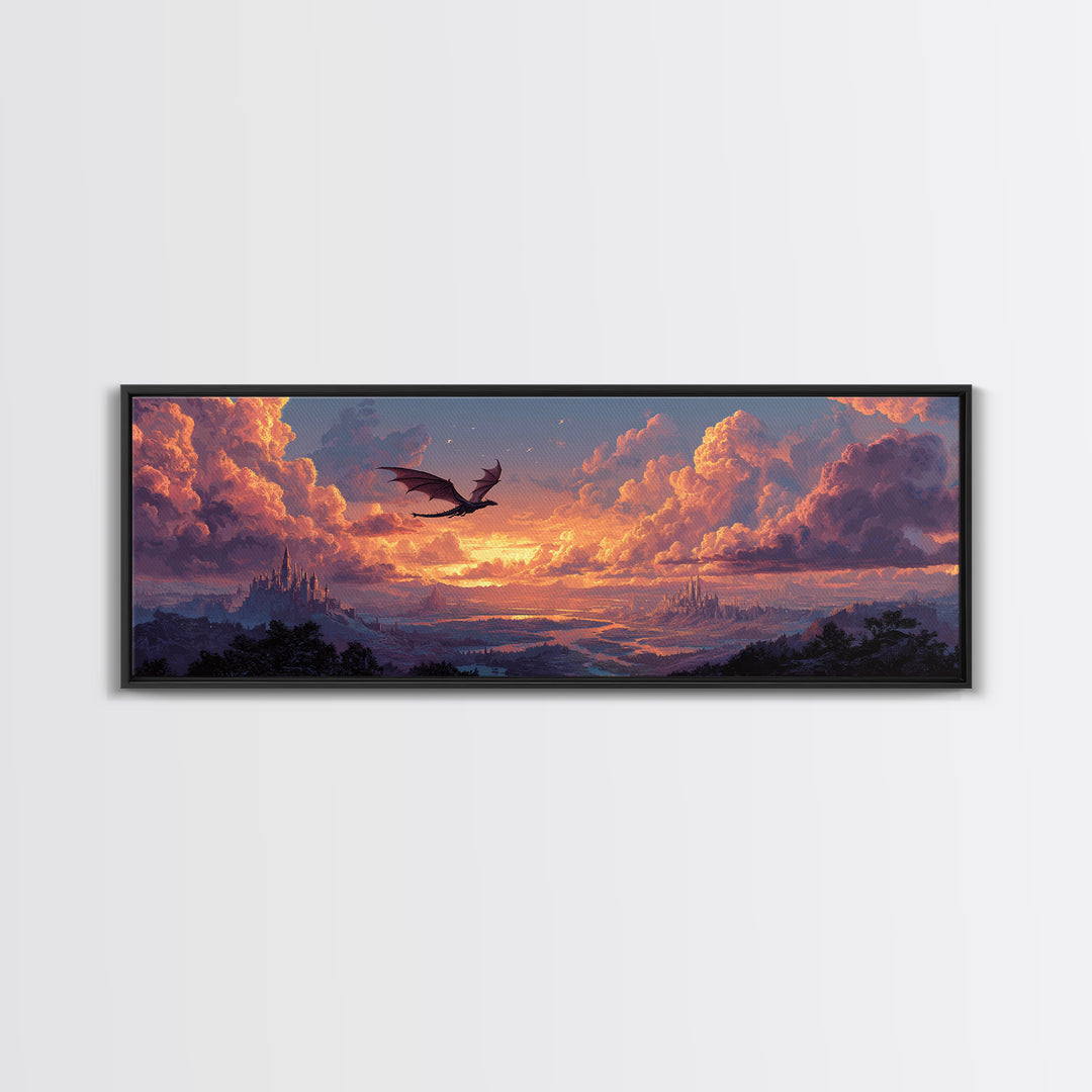 Pastel Dragon Over Cloud Castles At Sunset Canvas Print, Fantasy Landscape Wall Art, Whimsical Decor, Dreamy Nursery Art