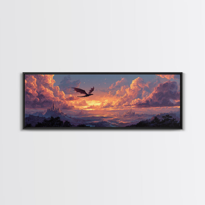 Pastel Dragon Over Cloud Castles At Sunset Canvas Print, Fantasy Landscape Wall Art, Whimsical Decor, Dreamy Nursery Art