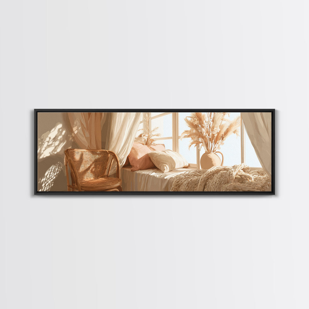 Sunlit Boho Bedroom With Pampas Grass Wall Art, Warm Neutral Above Bed Decor, Cozy Home Decor, Large Horizontal Canvas Print