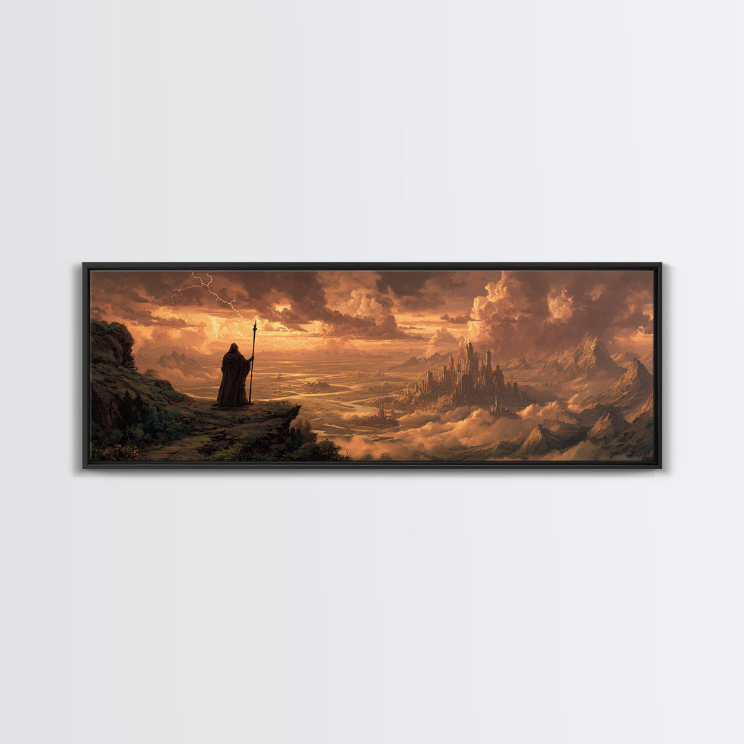 Wizard Over Golden Cloud City Framed Canvas Print, Fantasy Landscape Wall Art, Medieval Home Decor, Epic Castle Gift For Him