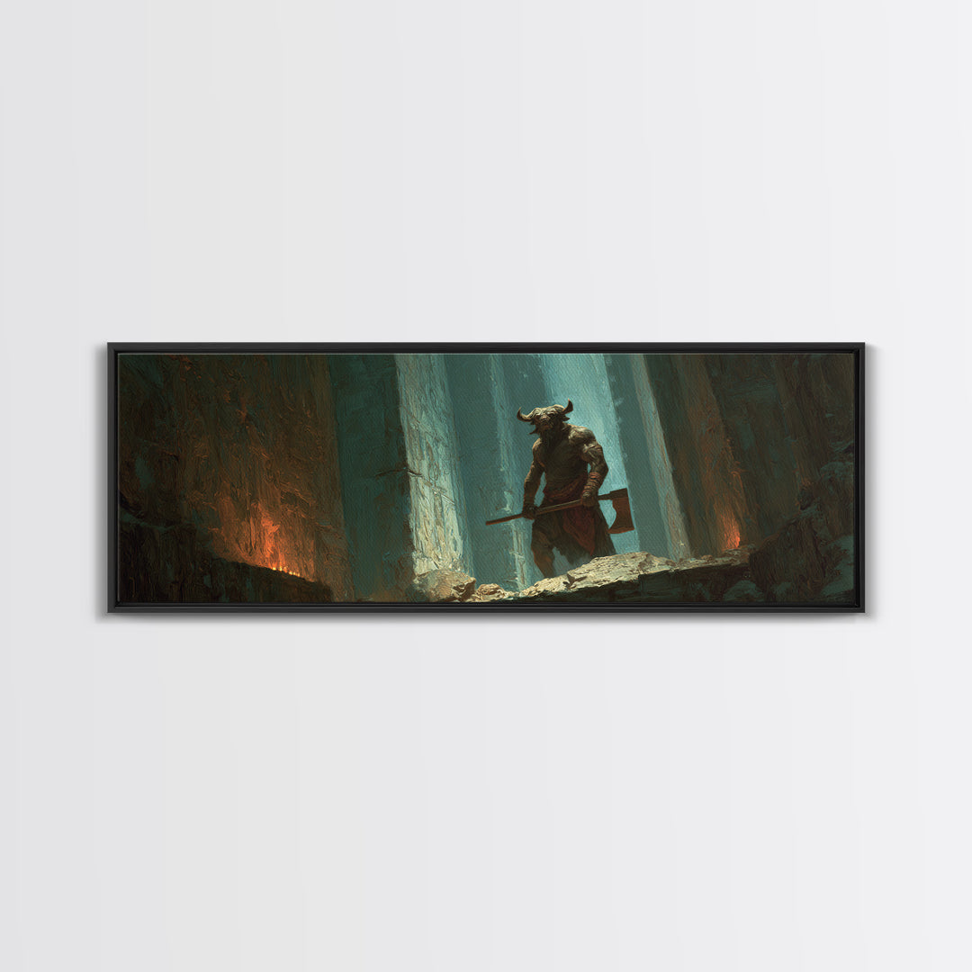 Minotaur Warrior In Ancient Forest Framed Canvas Print, Dark Fantasy Wall Art, Gothic Decor, Mythological Art Gift For Him
